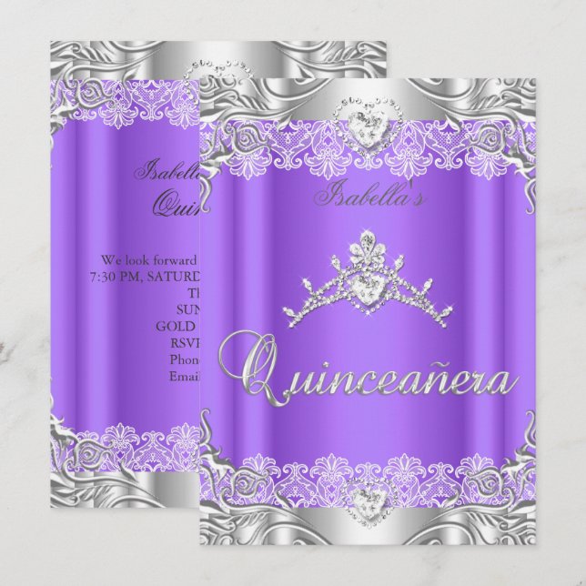 Quinceanera Lila Silver Diamond Tiara 15 Party Inbjudningar (Fram/baksida)