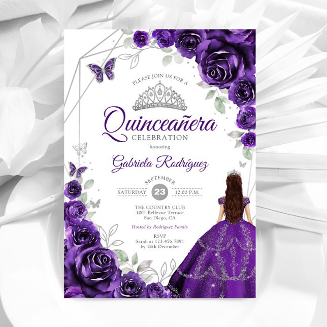 Quinceanera Lila Silver Dress Blommigt Inbjudningar (Skapare uppladdad)