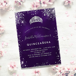 Quinceanera lila silver glitter tiara krona inbjudningar