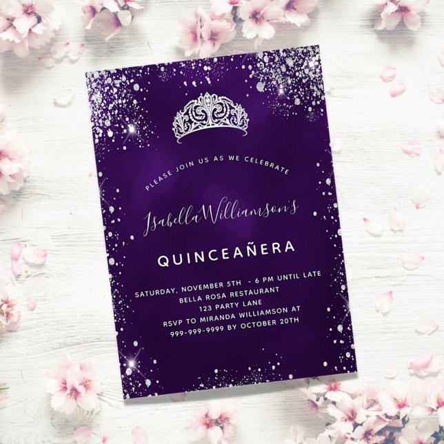 Quinceanera lila silver glitter tiara krona inbjudningar (Skapare uppladdad)