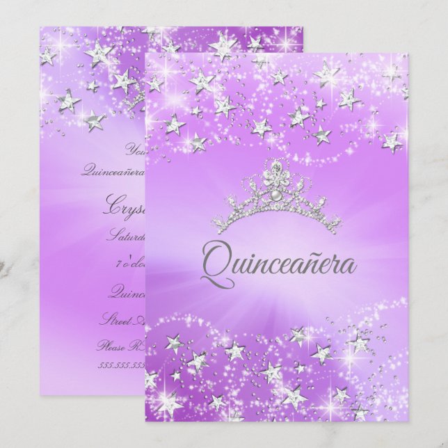 Quinceanera Lila Silver Glitter Tiara Stjärnor Inbjudningar (Fram/baksida)
