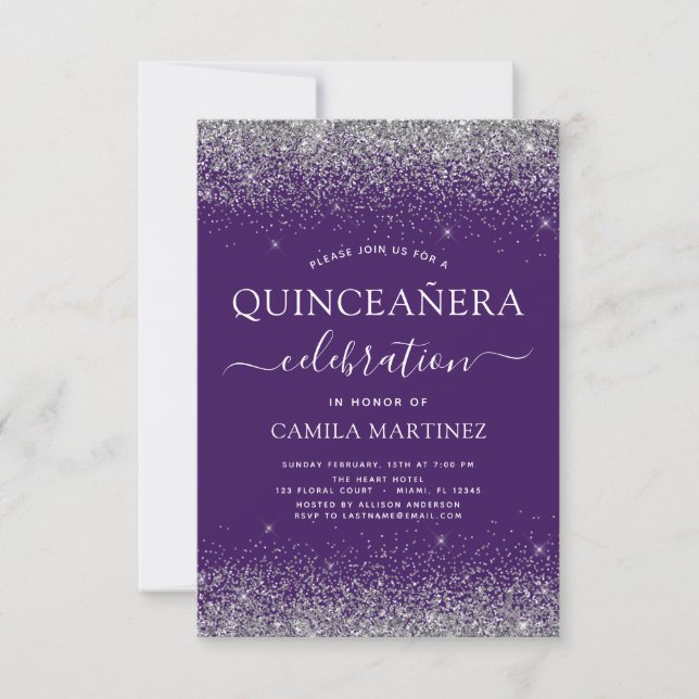 Quinceanera Lila Silver Modern Glitter Inbjudningar (Framsida)
