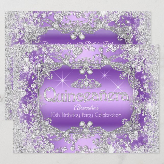 Quinceanera Lila Silver Tiara Vinter Värld Inbjudningar (Fram/baksida)