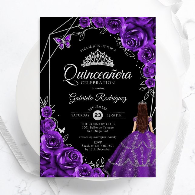 Quinceanera Lila Silverfjärilklänning Blommig Inbjudningar (Skapare uppladdad)