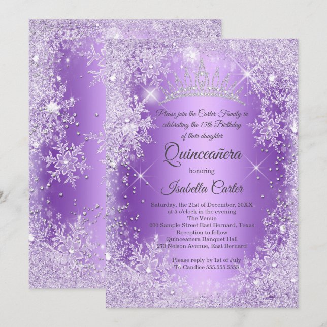 Quinceanera Lila Snowflake Winter Wonderland Inbjudningar (Fram/baksida)