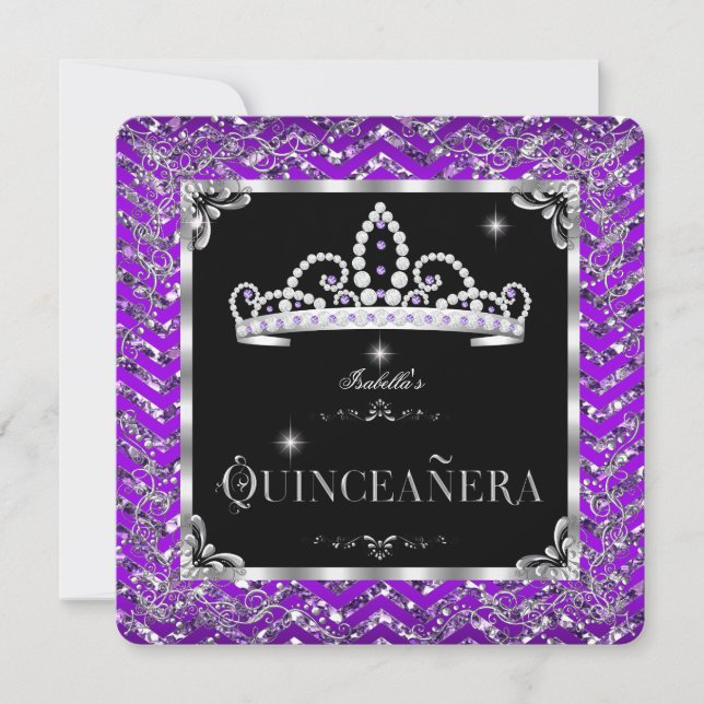 Quinceanera lila svart silver diamant tiara inbjudningar (Framsida)