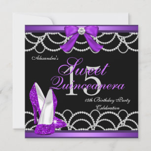 Quinceanera Lila Sweet 15-fest Glitter Svart Inbjudningar