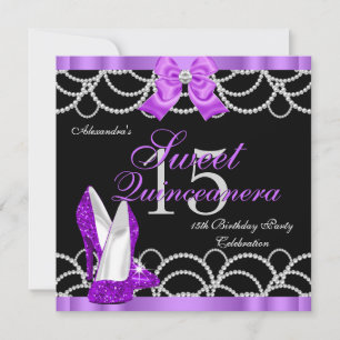 Quinceanera Lila Sweet 15-fest Glitter Svart Inbjudningar