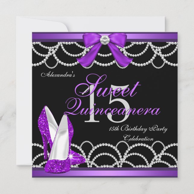 Quinceanera Lila Sweet 15 Party Glitter Black Inbjudningar (Framsida)