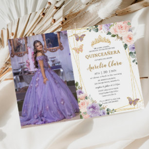 Quinceañera Lila Syrlilja Blommor Fjärilar Inbjudningar
