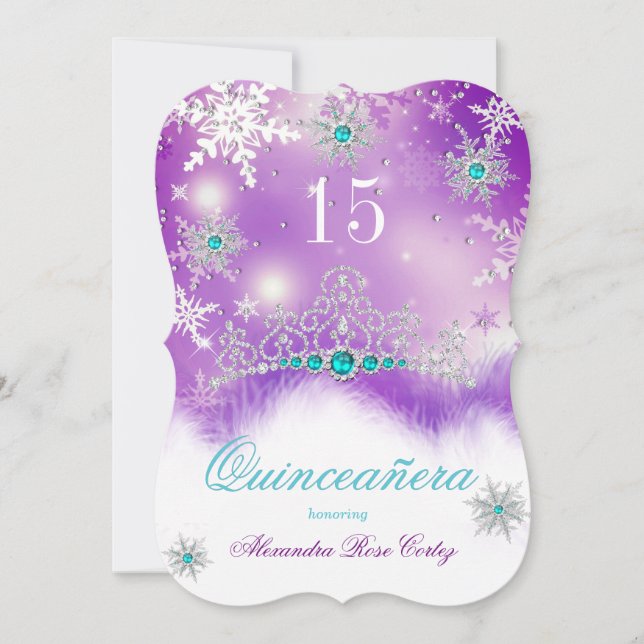Quinceanera Lila Turkos Blå Pärl Snöflinga Inbjudningar (Framsida)