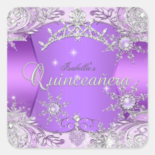 Quinceanera Lila Vinter Värld Snöflingor Fyrkantigt Klistermärke