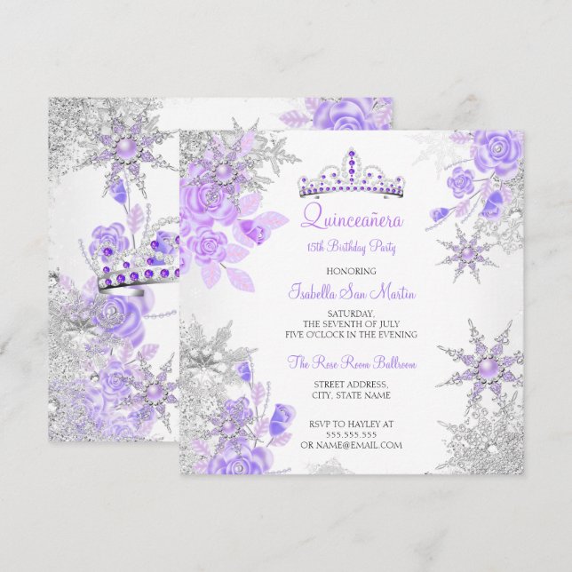 Quinceanera Lila Vinterundret Snöflinga Inbjudningar (Fram/baksida)