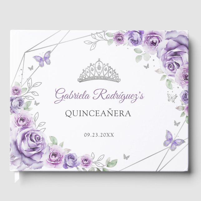 Quinceanera lila violett silver blomsterdetaljer gästböcker (Framsida)