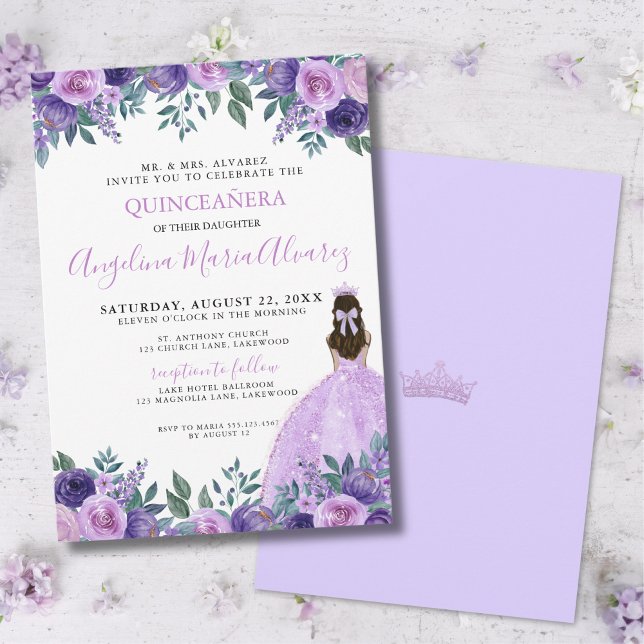 Quinceañera Lila Violetta Blommor Krona Inbjudningar (Quinceañera Lilac Purple Flowers Crown Invitation)