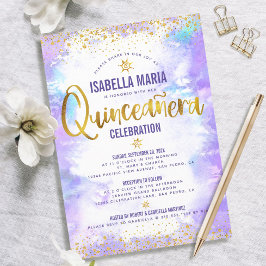 Quinceañera Lila Watercolor Gold Foil Elegant Inbjudningar