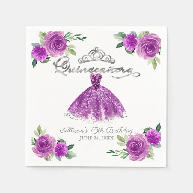 Quinceanera Lila Watercolor Gown Blommigt Pappersservett (Framsidan)