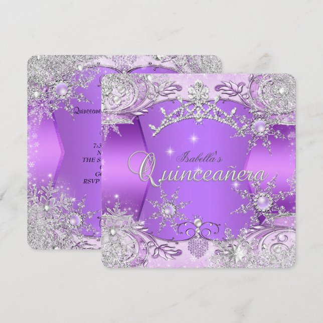 Quinceanera Lila Winter Wonderland Snöflingor Inbjudningar (Fram/baksida)
