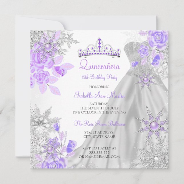 Quinceanera Lila Winter Wonderland Snowflake 2 Inbjudningar (Framsida)