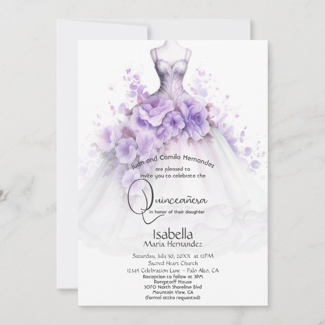 Quinceañera | Lilac Blommigt Gown Inbjudningar (Framsida)