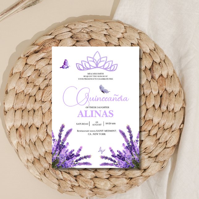 Quinceañera Lilac Blommigt krona Tiara & butterfly Inbjudningar (Skapare uppladdad)