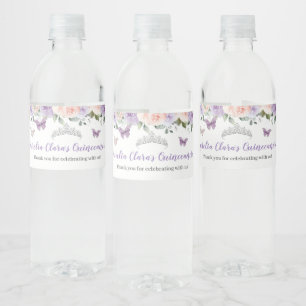 Quinceañera Lilac Blommigt Silver Butterflies Vattenflaskor Etikett