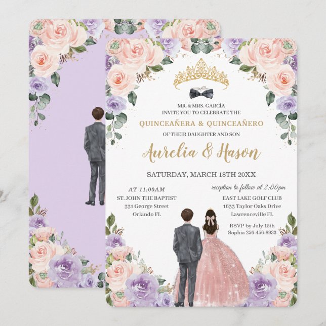 Quinceañera Lilac  Flowers Twillingar Boy Girl Inbjudningar (Fram/baksida)