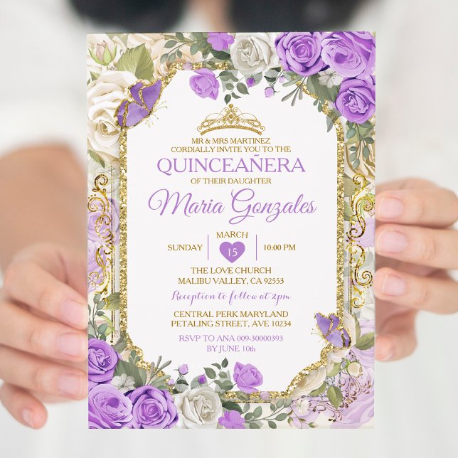 Quinceañera Lilac & Guld Krona Mexican Butterfly Inbjudningar (Skapare uppladdad)