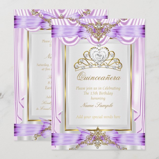 Quinceanera Lilac Lavender Lila Guld White Inbjudningar (Fram/baksida)