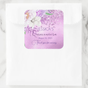 Quinceanera Lilac Lila Blommigt Glitter Sticker Fyrkantigt Klistermärke
