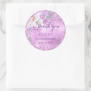Quinceanera Lilac Lila Blommigt Glitter Sticker Runt Klistermärke