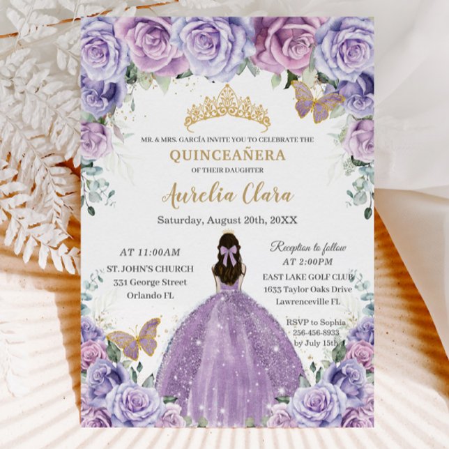 Quinceañera Lilac Lila Blommigt Guld Butterflies Inbjudningar (Skapare uppladdad)