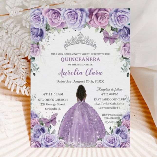 Quinceañera Lilac Lila blommor Brown Princess Inbjudningar (Skapare uppladdad)