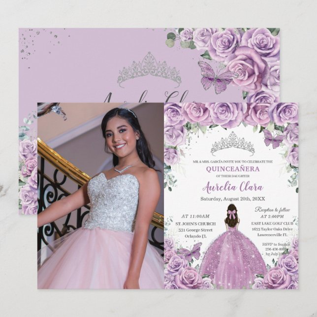 Quinceañera Lilac Lila blommor Butterflies Krona Inbjudningar (Fram/baksida)