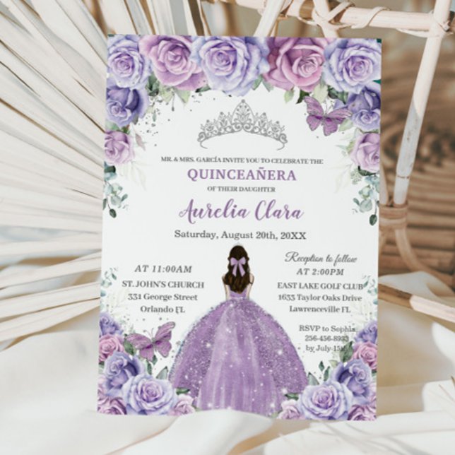 Quinceañera Lilac Lila blommor Butterflies Krona Inbjudningar (Skapare uppladdad)