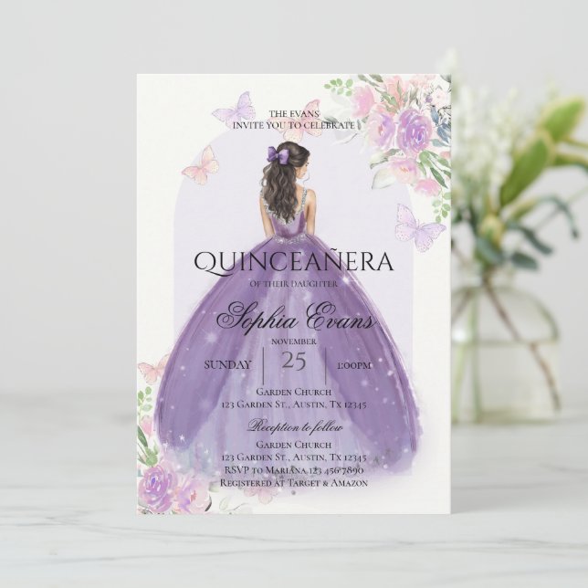 Quinceanera Lilac Lila Dress Blommigt Princess Inbjudningar (Stående Fram)