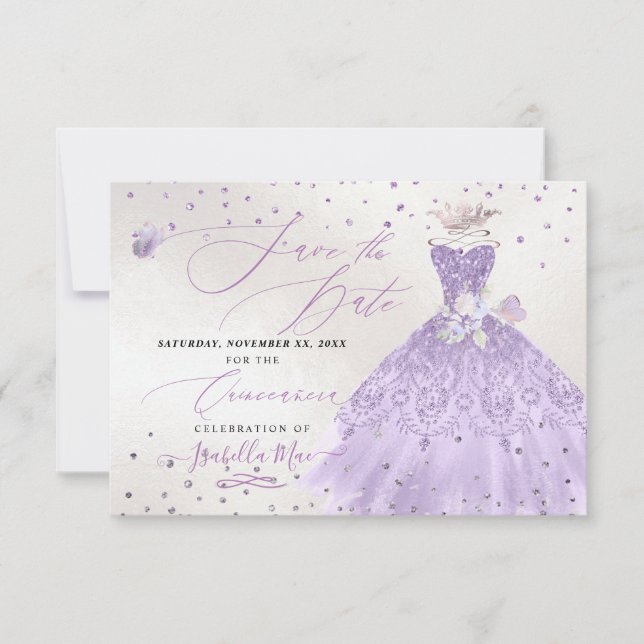 Quinceanera Lilac Lila Glitter Gown Spara Date Inbjudningar (Framsida)