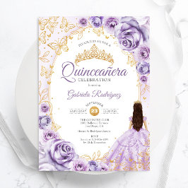 Quinceanera Lilac Lila Guld Blommigt Inbjudningar