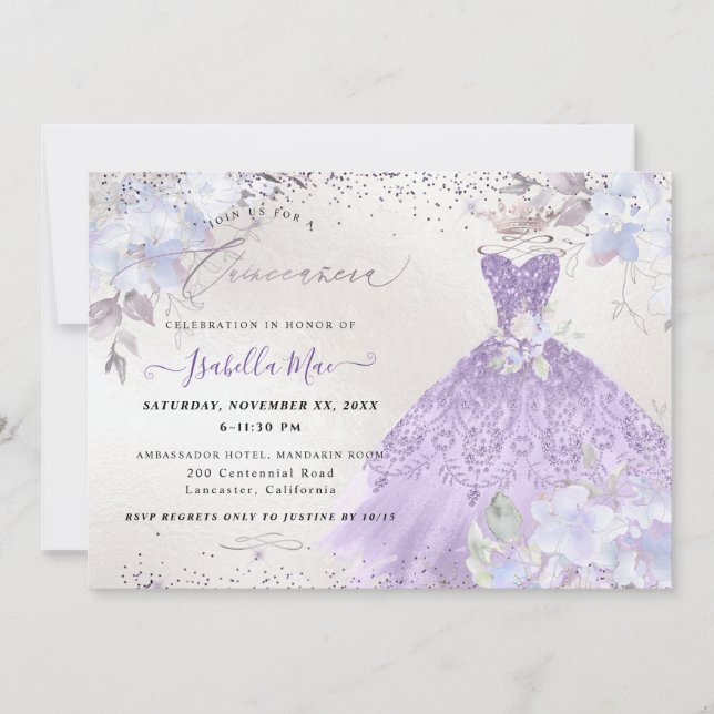 Quinceanera Lilac Lila Silver Glitter Gown Inbjudningar (Framsida)