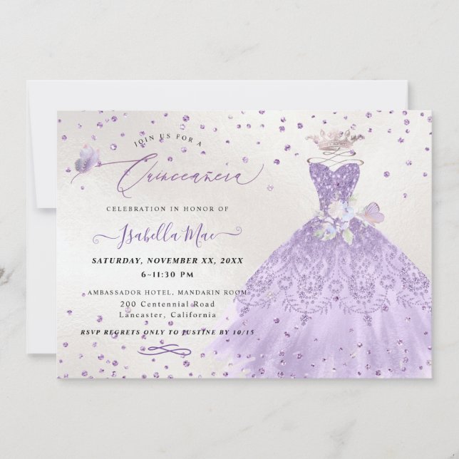 Quinceanera Lilac Lila Silver Glitter Gown Inbjudningar (Framsida)