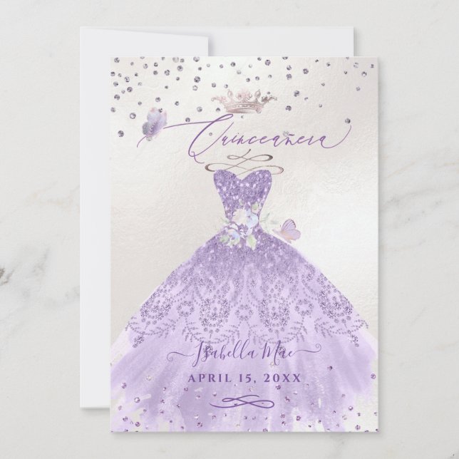 Quinceanera Lilac Lila Silver Glitter Gown Inbjudningar (Framsida)