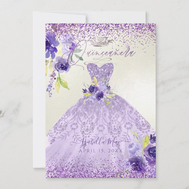 Quinceanera Lilac Lila Silver Glitter Gown Invit Inbjudningar (Framsida)