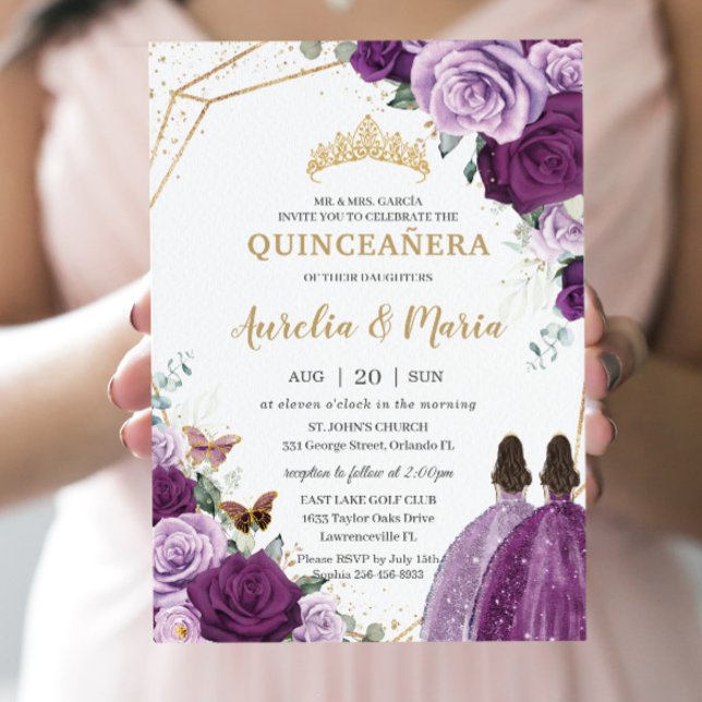 Quinceañera Lilac Mörk Lila Plum Blommigt Twilling Inbjudningar (Skapare uppladdad)