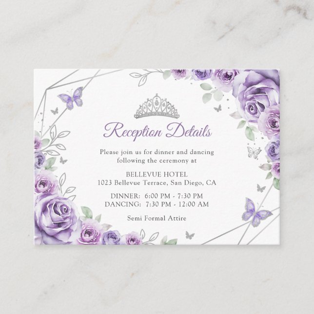 Quinceanera Lilac Purple Silver Floral Details Tilläggskort (Framsida)