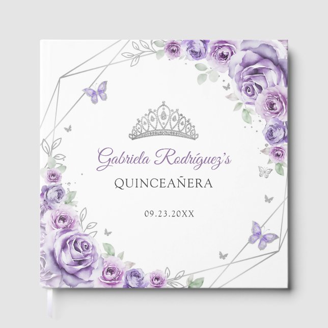 Quinceanera Lilac Purple Silver Floral Gästböcker (Framsida)