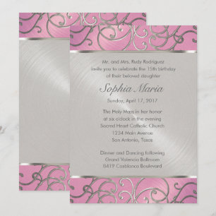 Quinceanera Lilac Rosa och Silver Filigree Swirls Inbjudningar