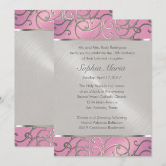 Quinceanera Lilac Rosa och Silver Filigree Swirls Inbjudningar