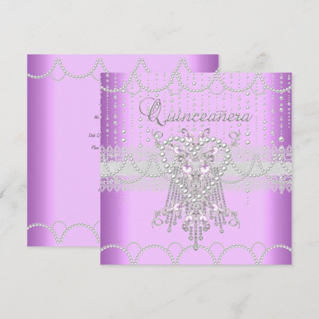 Quinceanera Lilac Rosa Pearl Snöre Diamond Inbjudningar (Fram/baksida)
