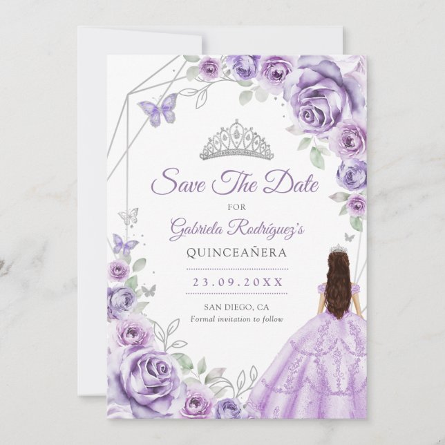 Quinceanera Lilafärgade Purpurrosklänning Silver Spara Datumet (Framsida)
