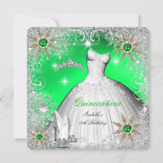 Quinceanera Lime Pearl Silver Winter Snöflingor Inbjudningar (Framsida)